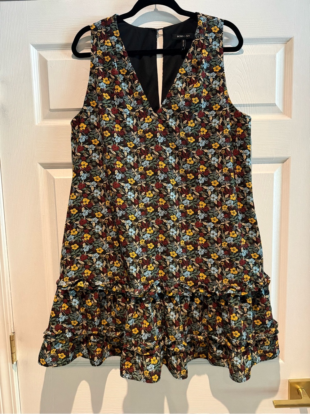BCBG Paris Black Floral Mini Dress with Yellow & Light Blue Accents